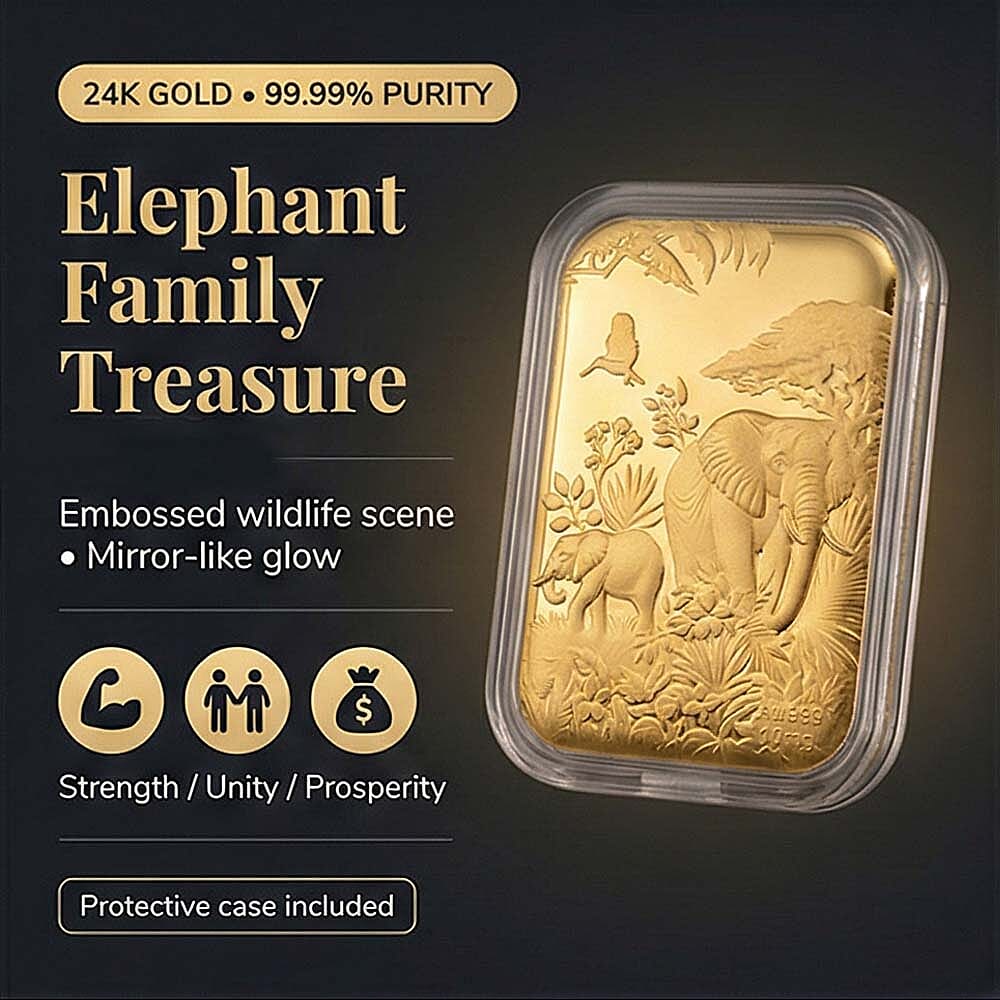 24K (99.99% Purity) Yellow Gold Embossed Elephant Family Collectable (39.80 x 25.65 MM)