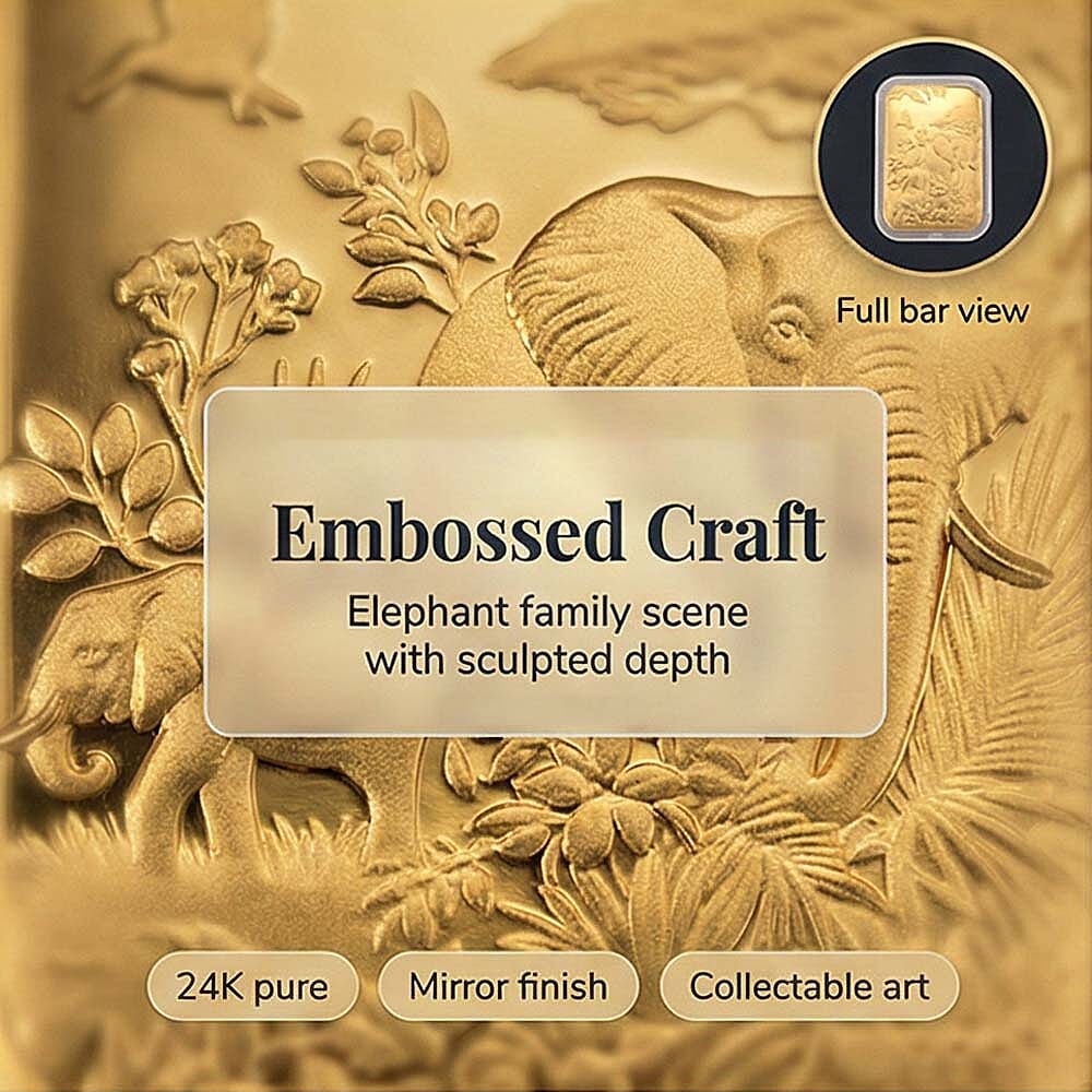 24K (99.99% Purity) Yellow Gold Embossed Elephant Family Collectable (39.80 x 25.65 MM)
