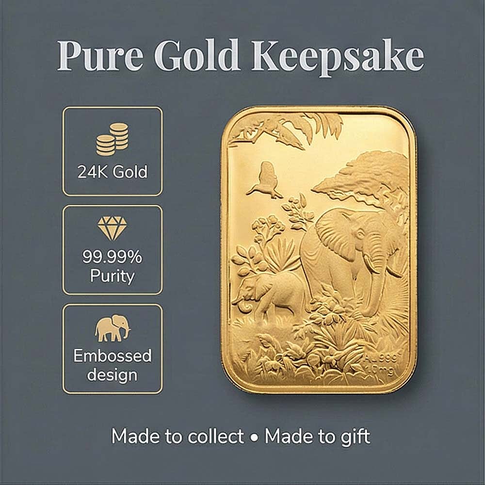 24K (99.99% Purity) Yellow Gold Embossed Elephant Family Collectable (39.80 x 25.65 MM)