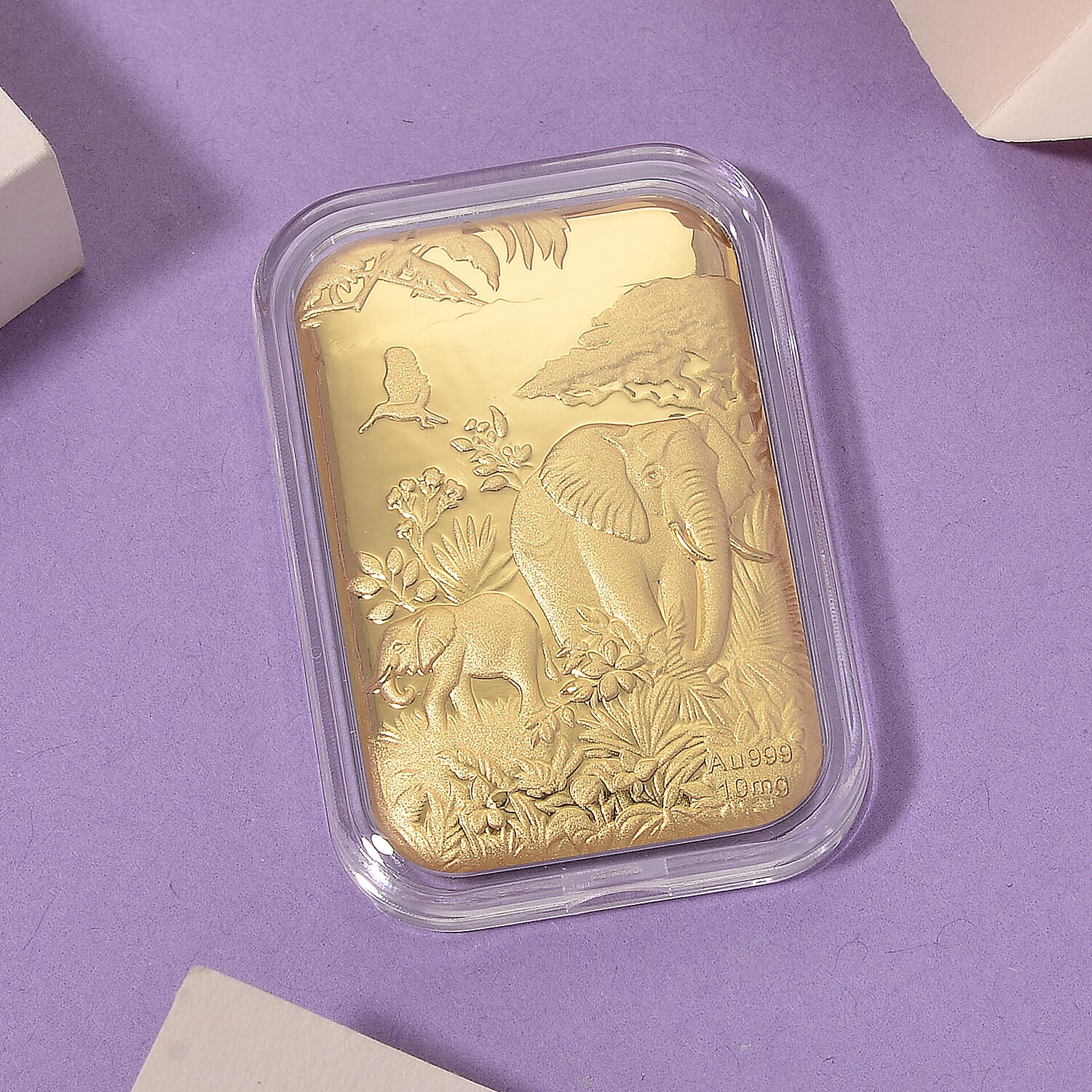 24K (99.99% Purity) Yellow Gold Embossed Elephant Family Collectable (39.80 x 25.65 MM)