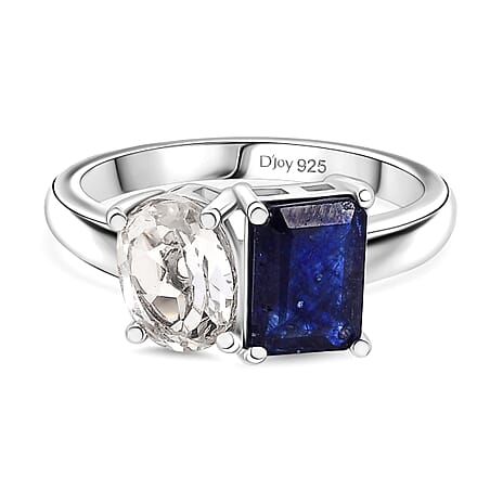 Designer Inspired - Masoala Sapphire & WhiteTopaz Ring in Rhodium Overlay Sterling Silver 3.72 Ct.