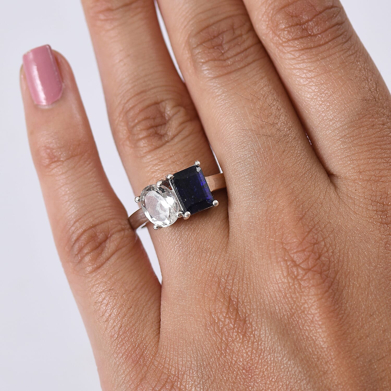 Designer Inspired - Masoala Sapphire & WhiteTopaz Ring in Rhodium Overlay Sterling Silver 3.72 Ct.