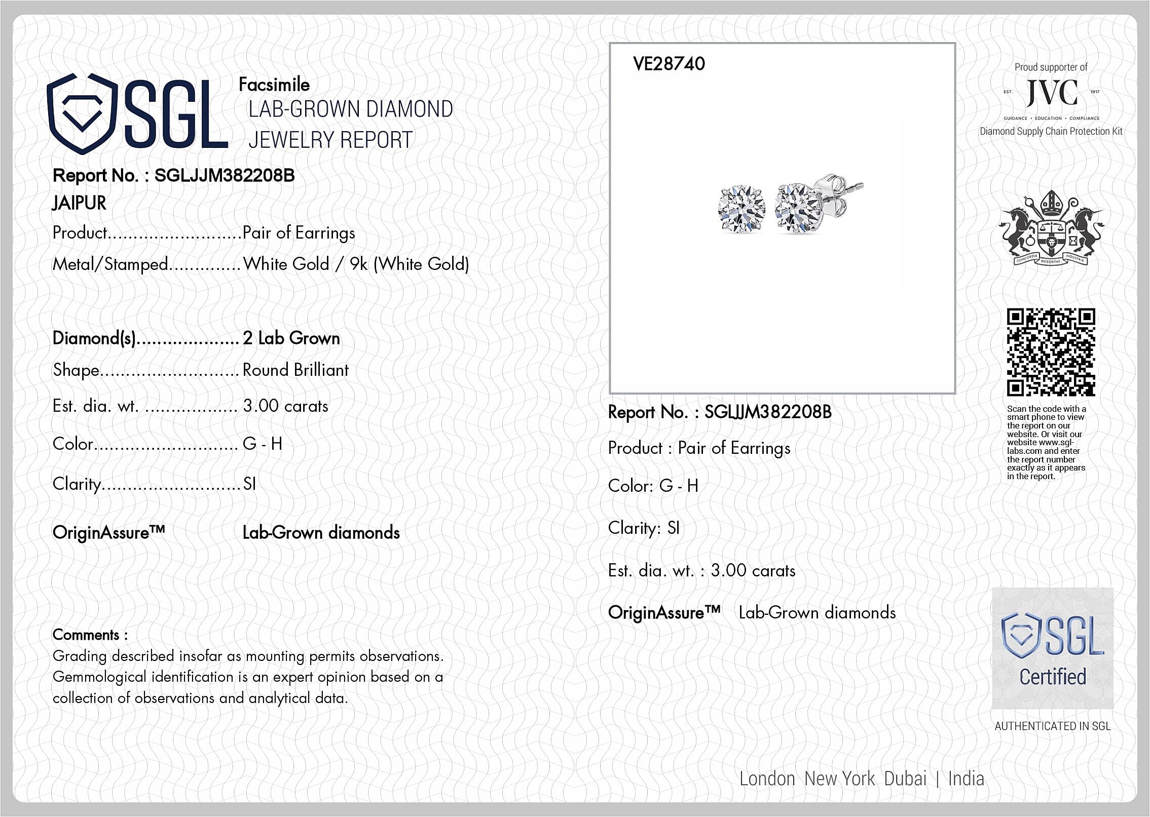 Luxuriant 9K White Gold SGL Certified Lab Grown Diamond (SI-GH) Solitaire Stud Push Post Earring 3.00 Ct.