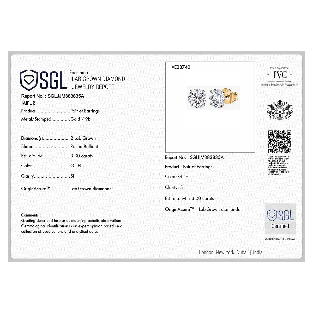 Luxuriant 9K Yellow Gold SGL Certified Lab Grown Diamond (SI-GH) Solitaire Stud Push Post Earring 3.00 Ct.