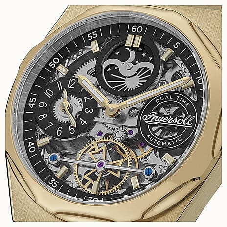 Ingersoll 1892 Broadway Skeleton Dial 5ATM 43mm Gold Stainless Steel Case Mens Watch with Black Silicone Strap
