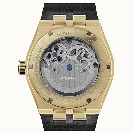 Ingersoll 1892 Broadway Skeleton Dial 5ATM 43mm Gold Stainless Steel Case Mens Watch with Black Silicone Strap