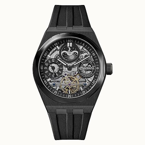 Ingersoll 1892 Broadway Skeleton Dial 5ATM 43mm Black Stainless Steel Case Mens Watch with Black Silicone Strap