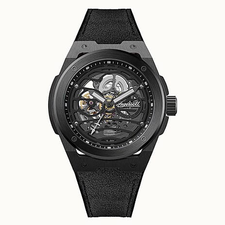 Ingersoll 1892 Springfield Skeleton Dial 5ATM 48mm Black Stainless Steel Case Mens Watch with Black Silicone Strap