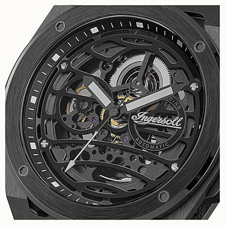 Ingersoll 1892 Springfield Skeleton Dial 5ATM 48mm Black Stainless Steel Case Mens Watch with Black Silicone Strap