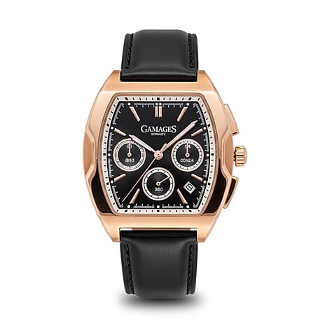 Gamages of London Cobbett Pride Seiko Quartz Chronograph Movt. 3ATM WR Black Dial Rose Case Mens Watch with Black Leather Strap