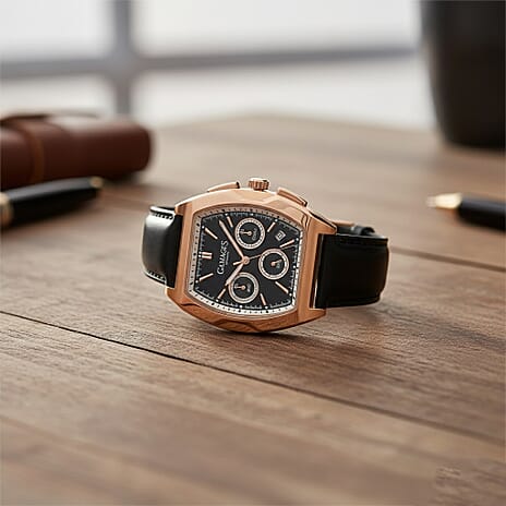 Gamages of London Cobbett Pride Seiko Quartz Chronograph Movt. 3ATM WR Black Dial Rose Case Mens Watch with Black Leather Strap