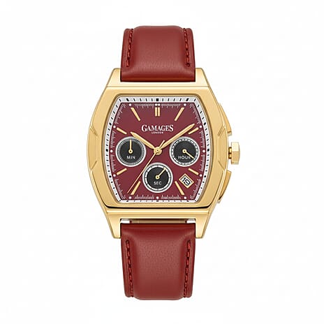 Gamages of London Cobbett Pride Seiko Quartz Chronograph Movt. 3ATM WR Jam-Red Dial Gold Case Mens Watch with Red Leather Strap