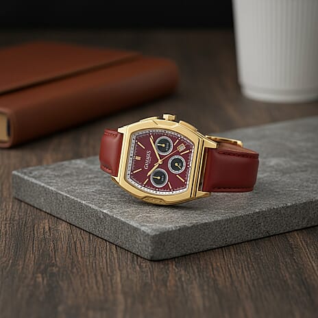Gamages of London Cobbett Pride Seiko Quartz Chronograph Movt. 3ATM WR Jam-Red Dial Gold Case Mens Watch with Red Leather Strap