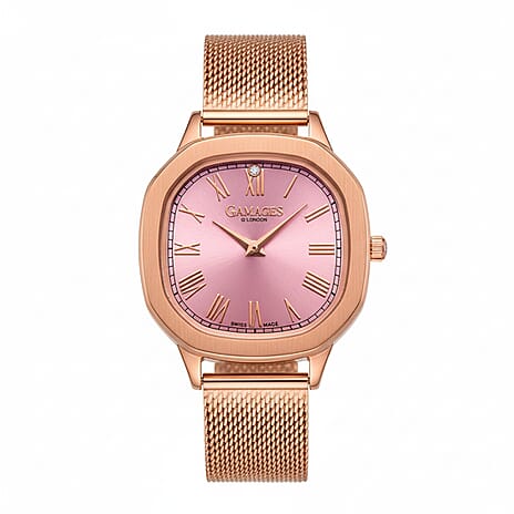 Gamages of London Evelyn Diamond Swiss Quartz Movt. Rose Pink Dial Rose Gold Case Ladies Watch with Rose Gold Milanese Strap