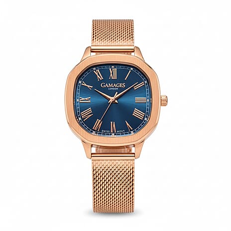 Gamages of London Evelyn Diamond Swiss Quartz Movt. Blue Dial Ladies Watch with Rose Gold Milanese Strap