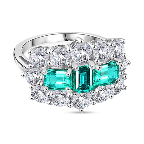 D'Joy Lab Grown Colombian Emerald & Moissanite Ring in Rhodium Overlay Sterling Silver 3.47 Ct.
