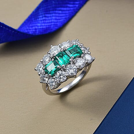 D'Joy Lab Grown Colombian Emerald & Moissanite Ring in Rhodium Overlay Sterling Silver 3.47 Ct.