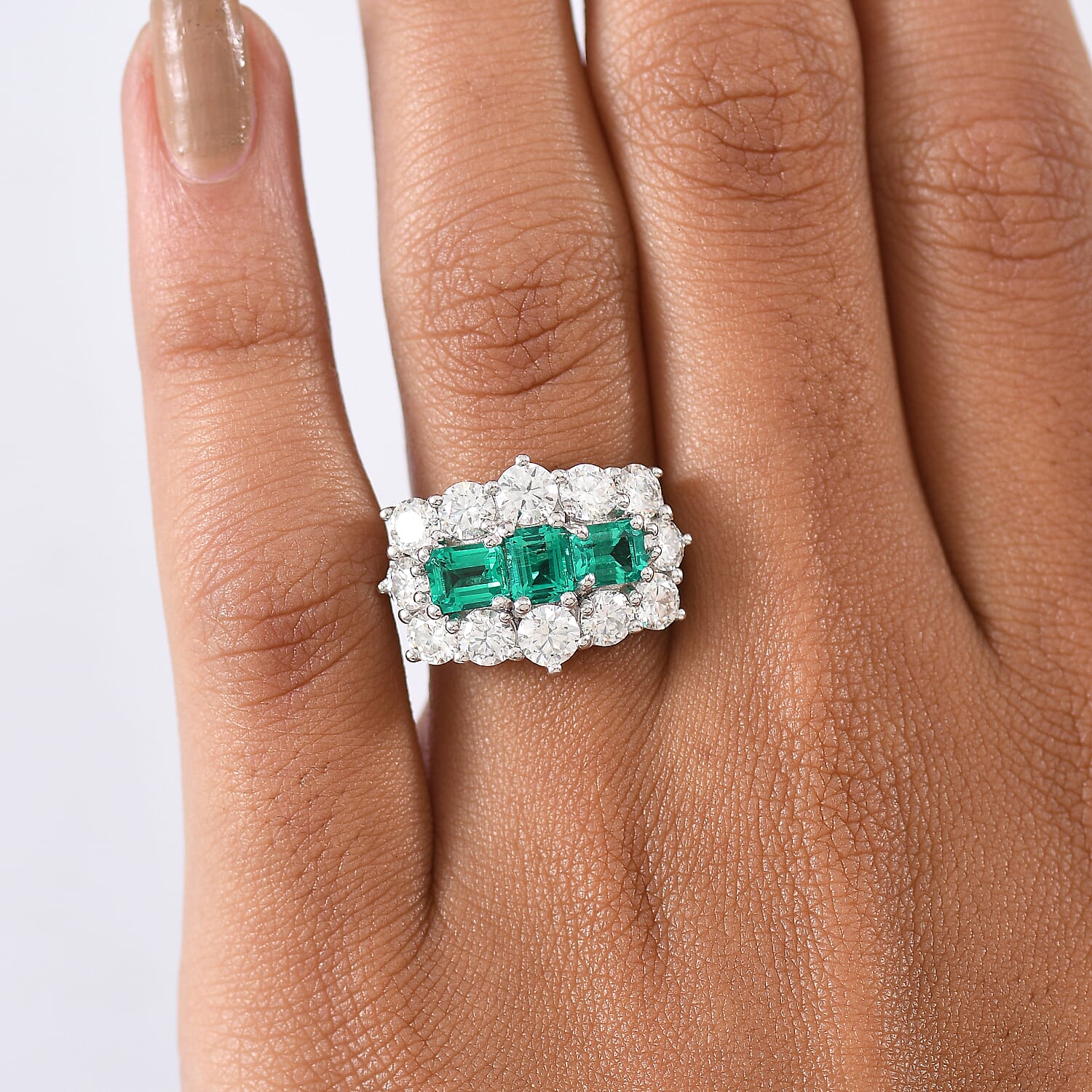 D'Joy Lab Grown Colombian Emerald & Moissanite Ring in Rhodium Overlay Sterling Silver 3.47 Ct.