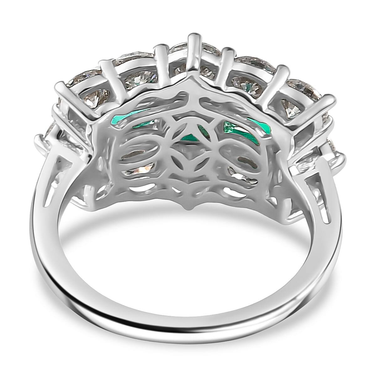 D'Joy Lab Grown Colombian Emerald & Moissanite Ring in Rhodium Overlay Sterling Silver 3.47 Ct.