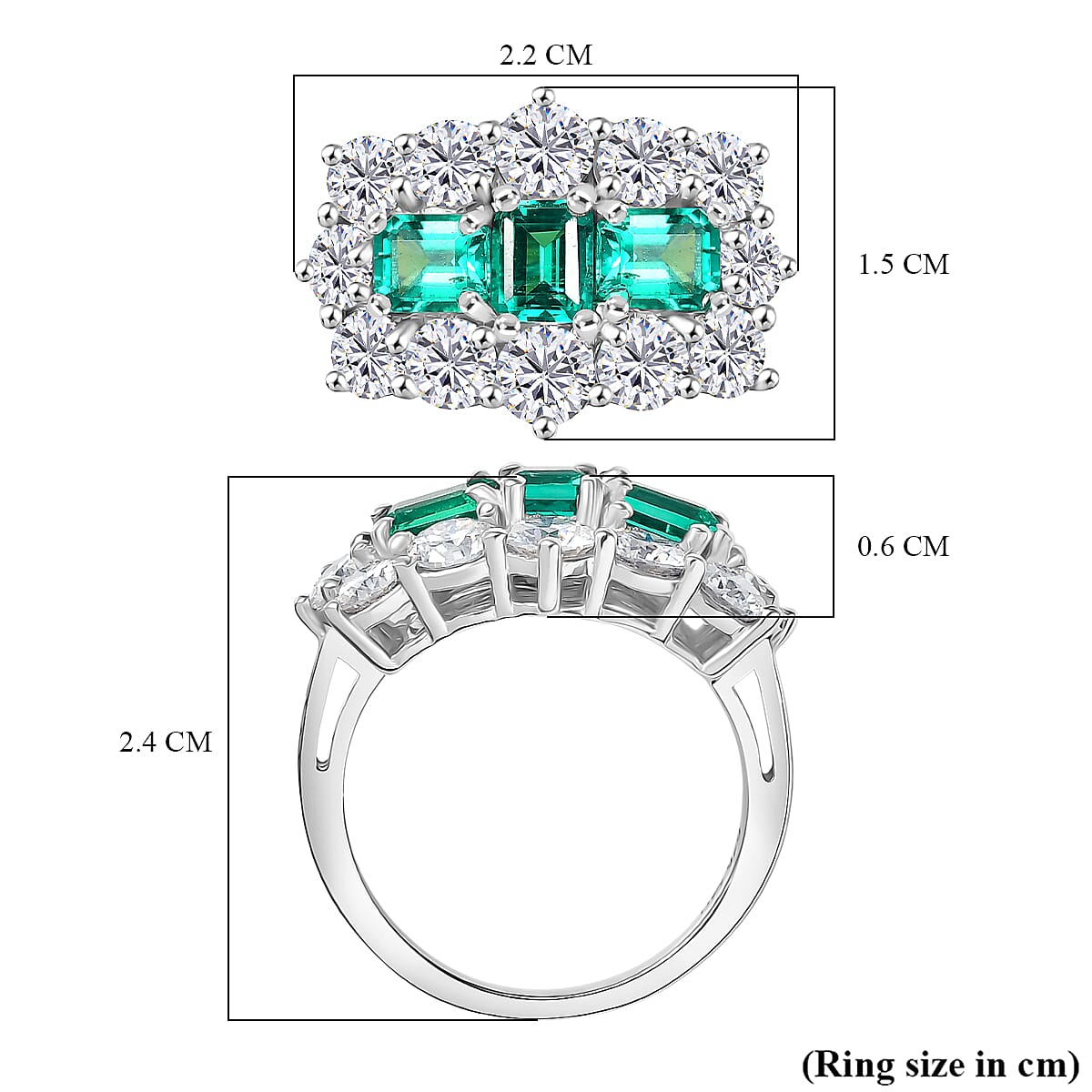 D'Joy Lab Grown Colombian Emerald & Moissanite Ring in Rhodium Overlay Sterling Silver 3.47 Ct.