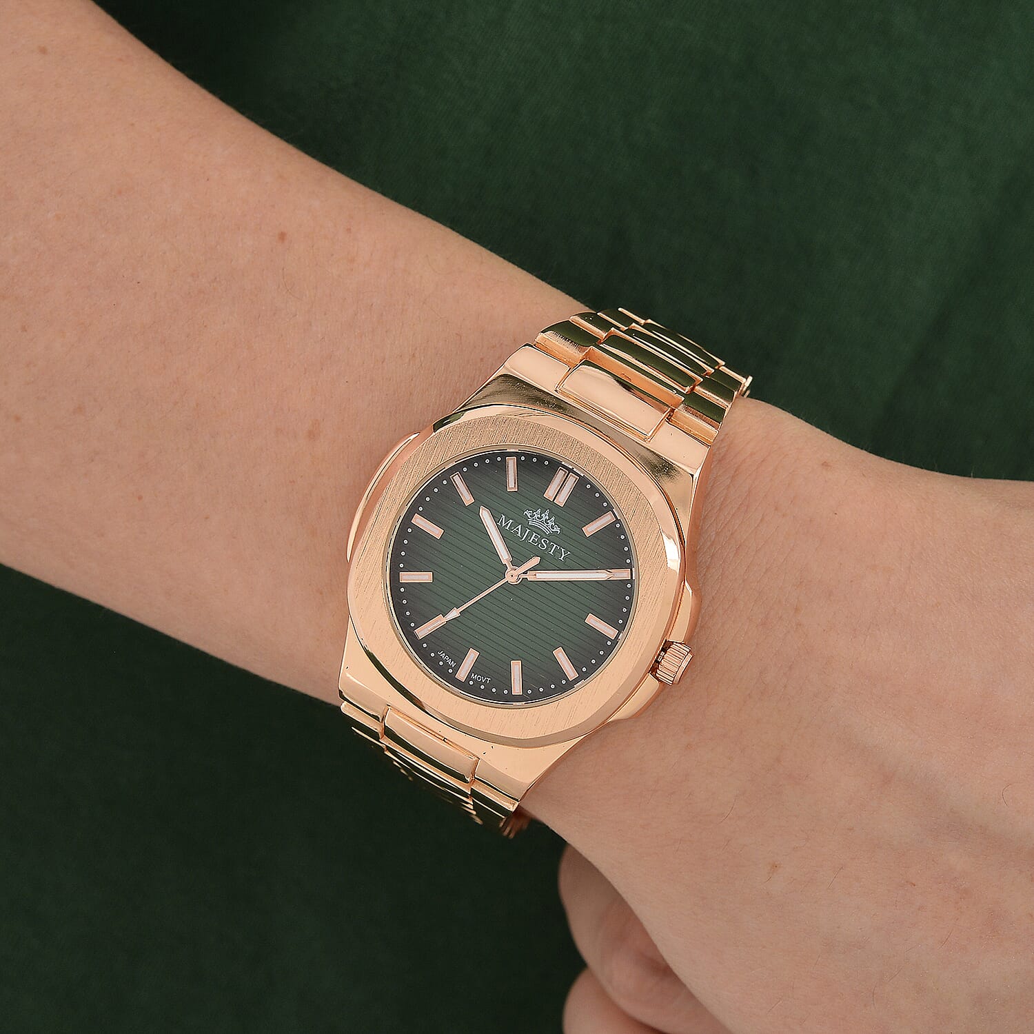 BRAND NEW -- Majesty Miyota 2035 Movement 3ATM Water Resistant Green Gradient Hydraulic Dial Watch with Rose Gold Colour Chain Strap