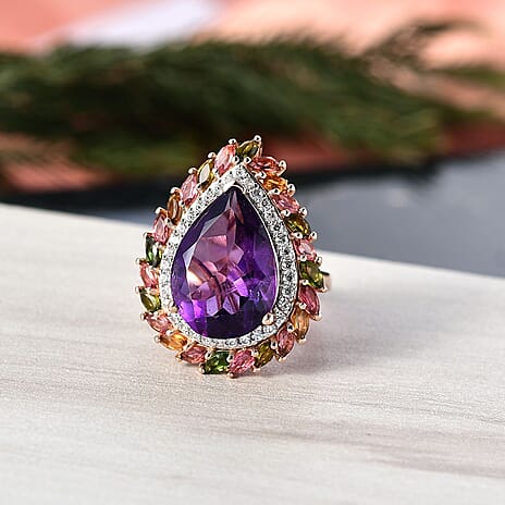 D'Joy African Amethyst, White Zircon & Multi-Tourmaline Ring in 18K Vermeil Rose Gold Plated Sterling Silver 11.90 Ct, Silver Wt. 6.48 Gms.