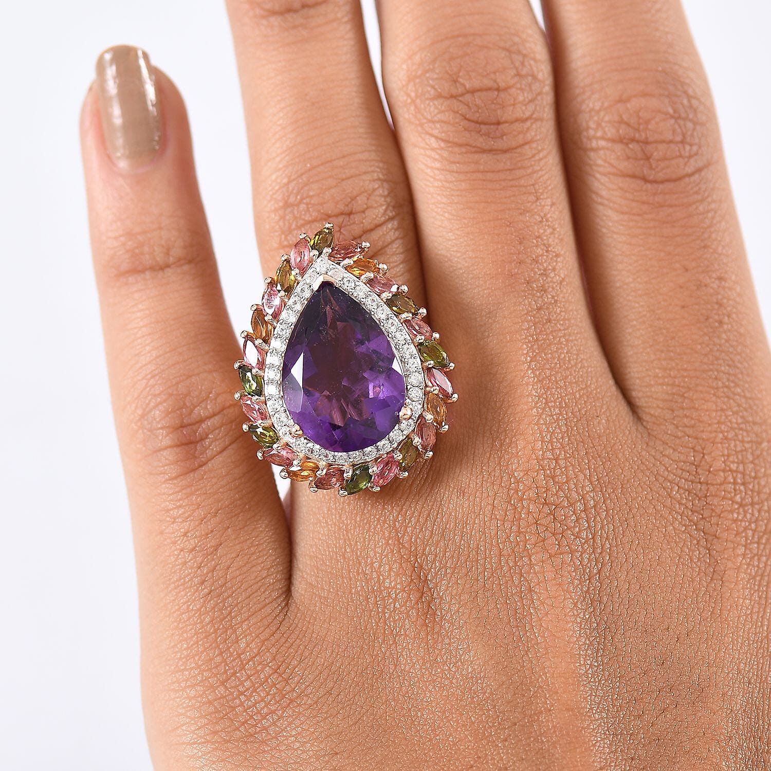 D'Joy African Amethyst, White Zircon & Multi-Tourmaline Ring in 18K Vermeil Rose Gold Plated Sterling Silver 11.90 Ct, Silver Wt. 6.48 Gms.