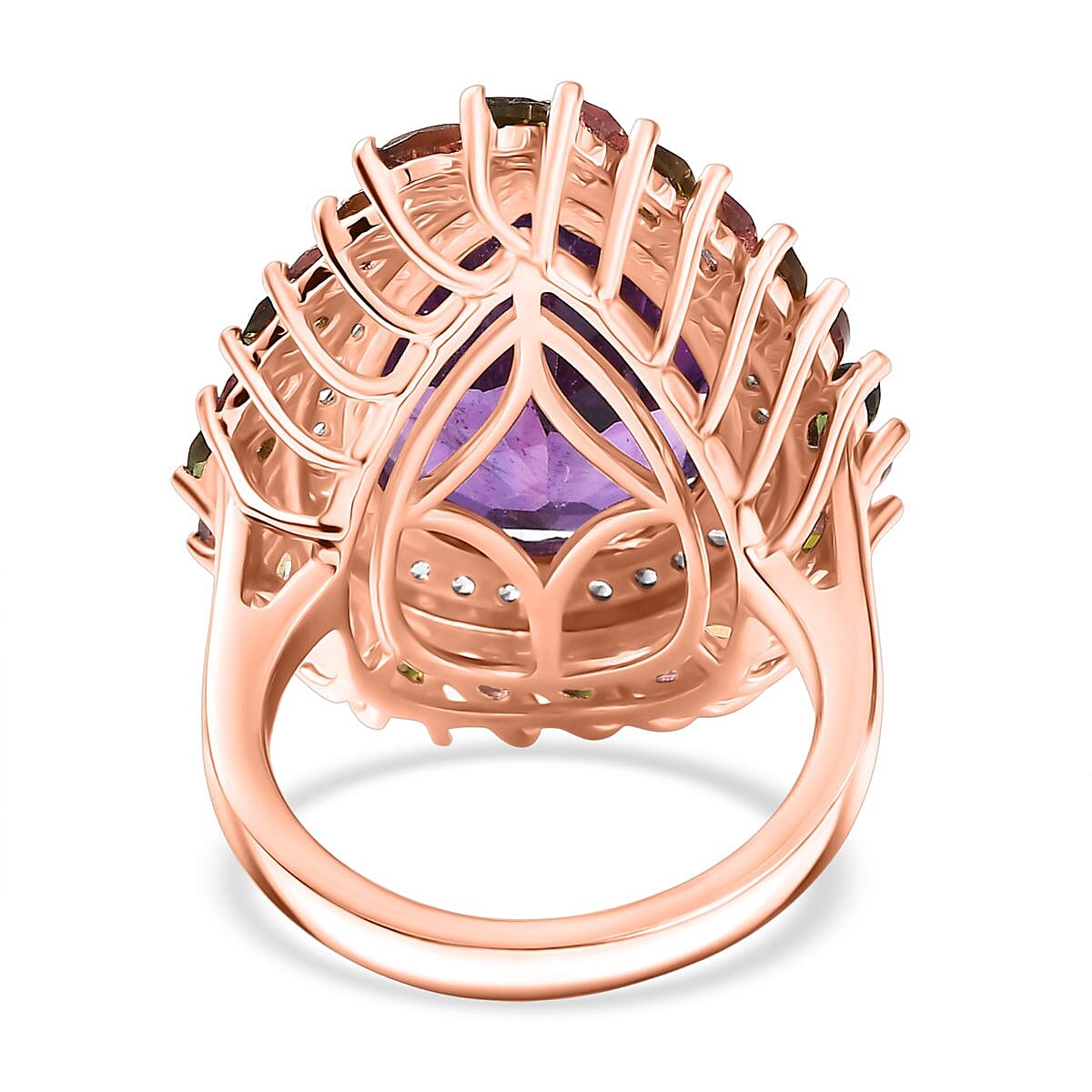 D'Joy African Amethyst, White Zircon & Multi-Tourmaline Ring in 18K Vermeil Rose Gold Plated Sterling Silver 11.90 Ct, Silver Wt. 6.48 Gms.