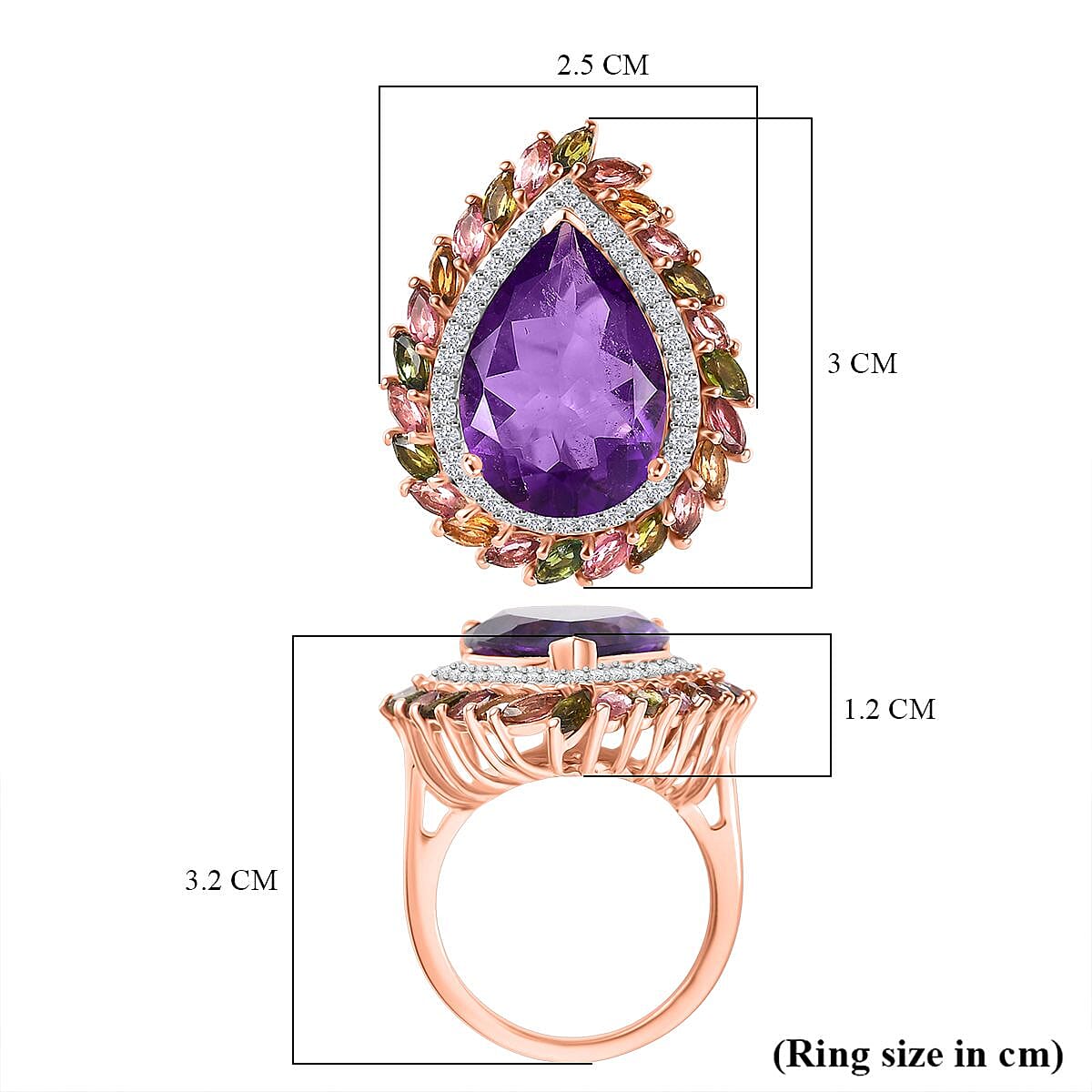 D'Joy African Amethyst, White Zircon & Multi-Tourmaline Ring in 18K Vermeil Rose Gold Plated Sterling Silver 11.90 Ct, Silver Wt. 6.48 Gms.