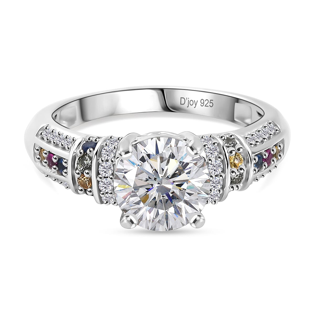 D'Joy Moissanite & Multi Sapphire Ring in Rhodium Overlay Sterling Silver 1.79 Ct.