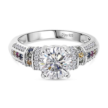 D'Joy Moissanite & Multi Sapphire Ring in Rhodium Overlay Sterling Silver 1.79 Ct.