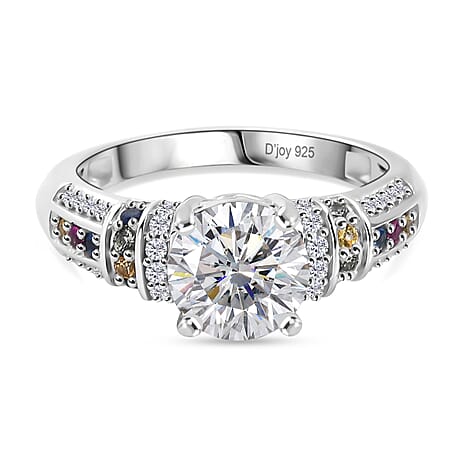 D'Joy Moissanite & Multi Sapphire Ring in Rhodium Overlay Sterling Silver 1.79 Ct.