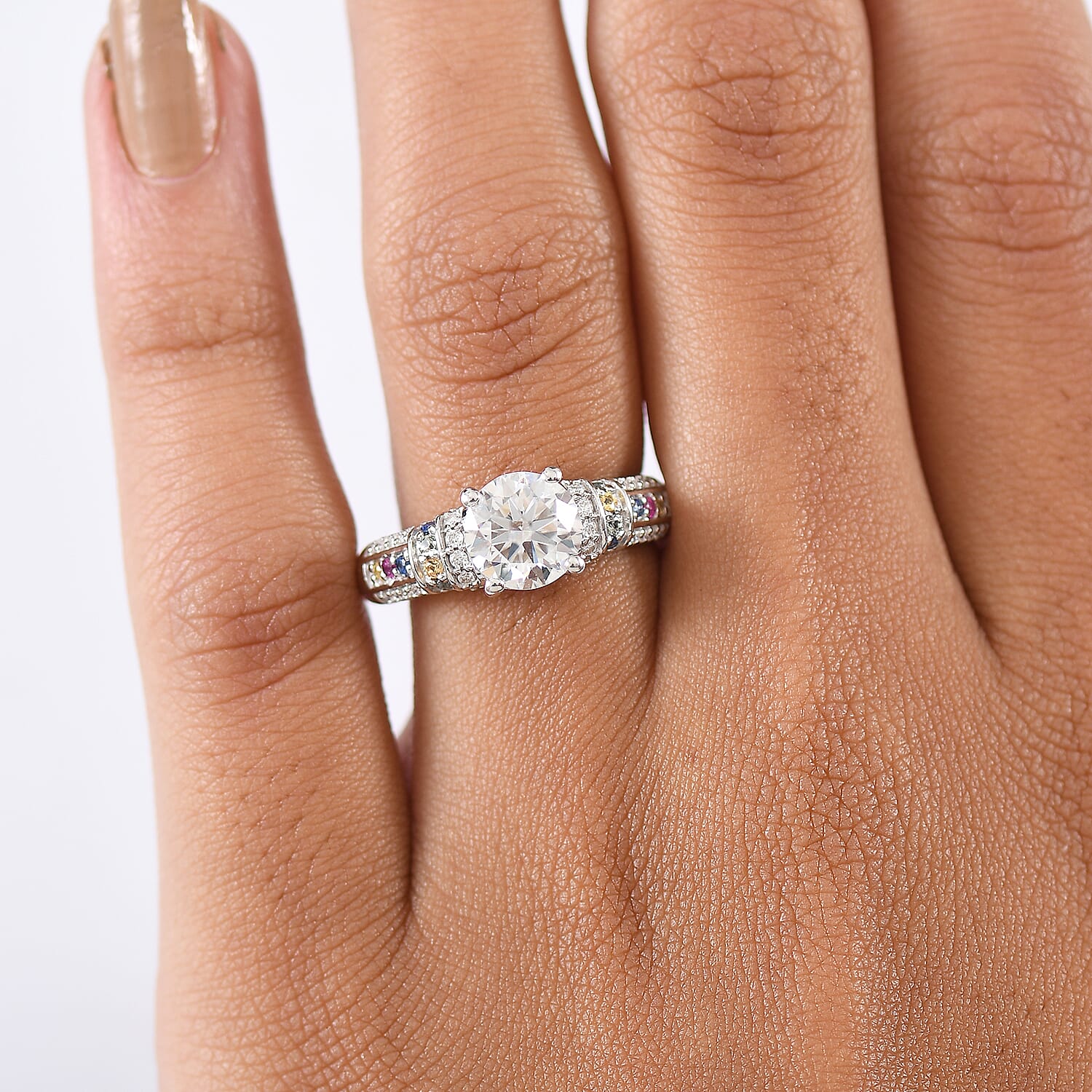 D'Joy Moissanite & Multi Sapphire Ring in Rhodium Overlay Sterling Silver 1.79 Ct.