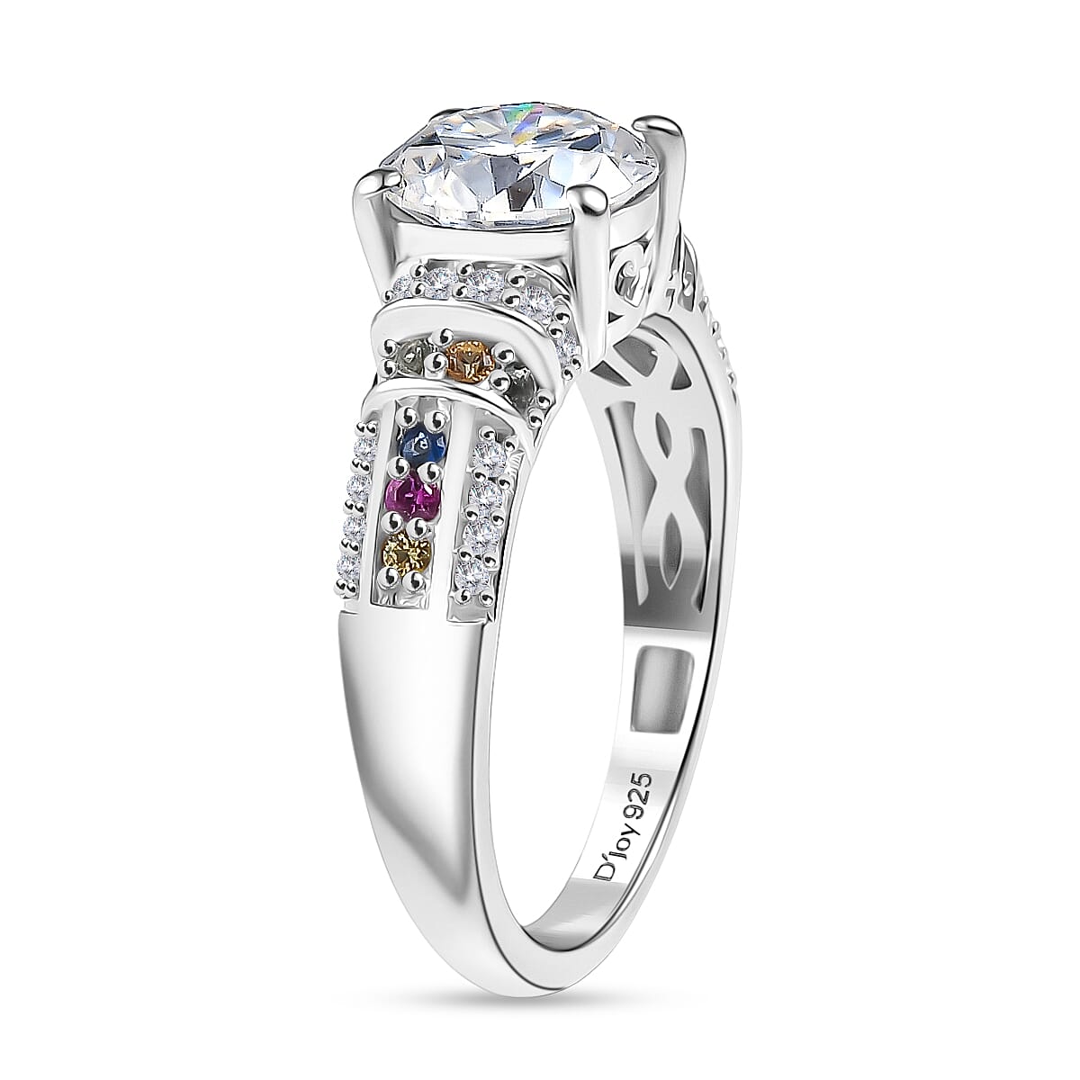 D'Joy Moissanite & Multi Sapphire Ring in Rhodium Overlay Sterling Silver 1.79 Ct.