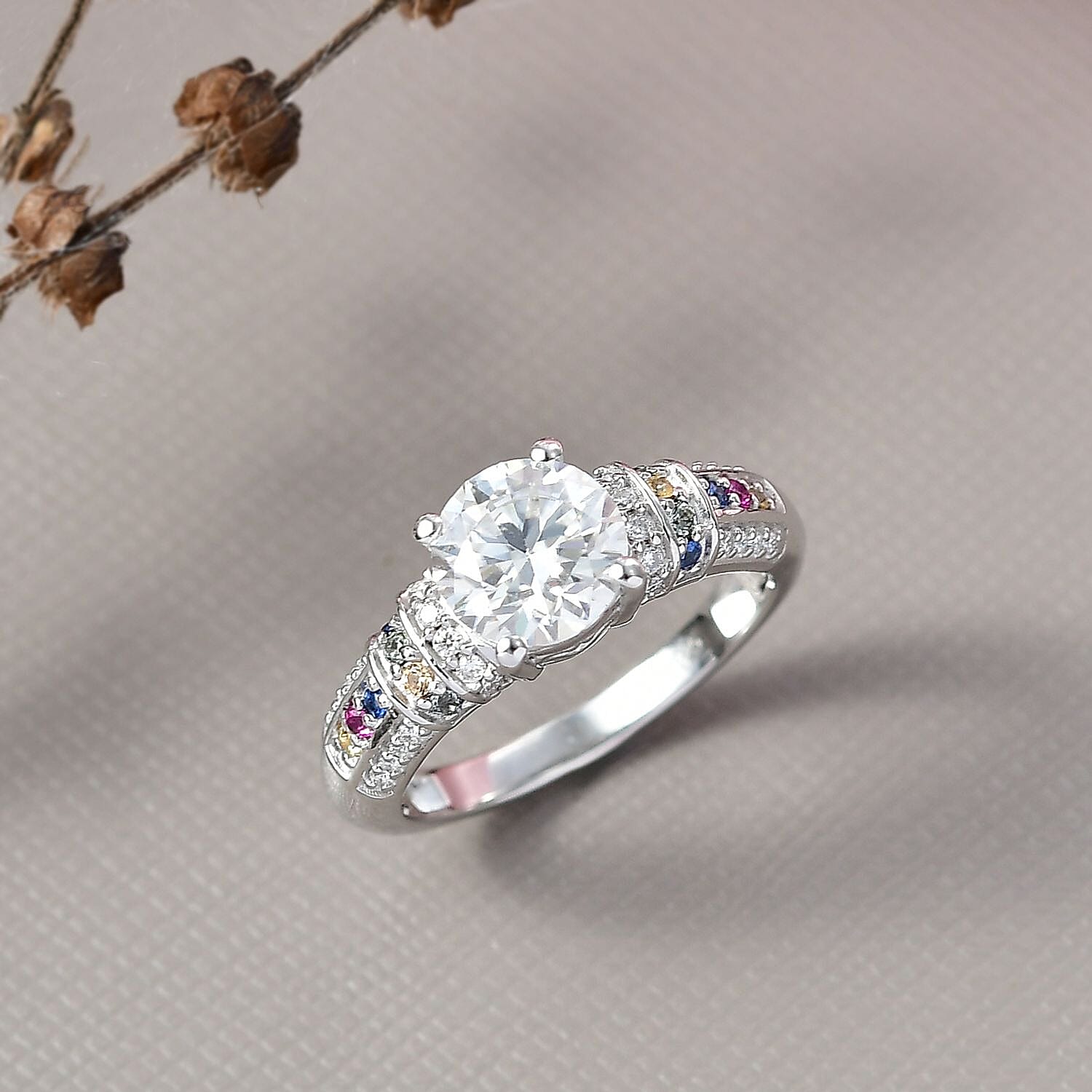 D'Joy Moissanite & Pink Sapphire Ring in Rhodium Overlay Sterling Silver 1.79 Ct.