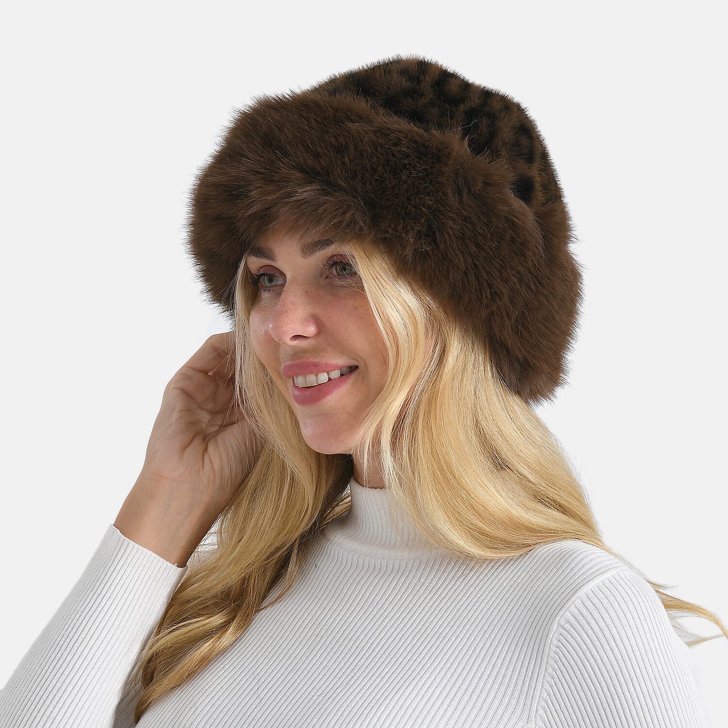 LA MAREY Faux Fur Leopard Print Hat (One Size) - Brown