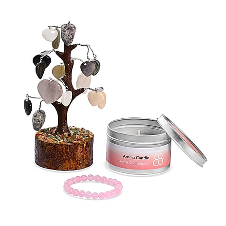 THE HANDMADE LUXURY - Bliss - Beyond Set of 3 Rose Quartz Gemstone Gifting Set - 20cm Heart Tree, Soya Wax Candle - 8mm Bracelet - Pink