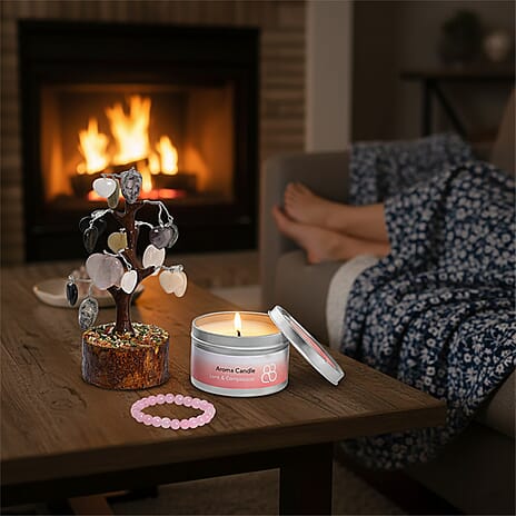THE HANDMADE LUXURY - Bliss - Beyond Set of 3 Rose Quartz Gemstone Gifting Set - 20cm Heart Tree, Soya Wax Candle - 8mm Bracelet - Pink