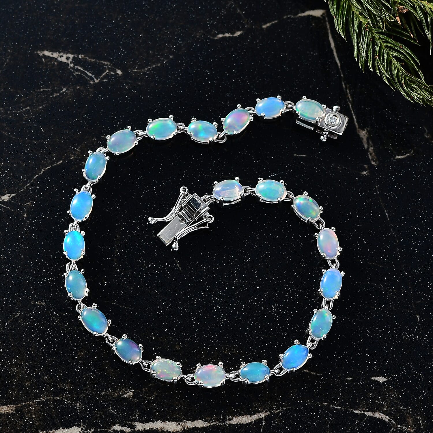 Luxuriant Ethiopian Opal & Lab Grown Diamond (SI-GH) Linking Bracelet (Size 7) with GB Lock Box in Rhodium Overlay Sterling Silver 7.25 Ct, Silver Wt. 5.29 Gms.