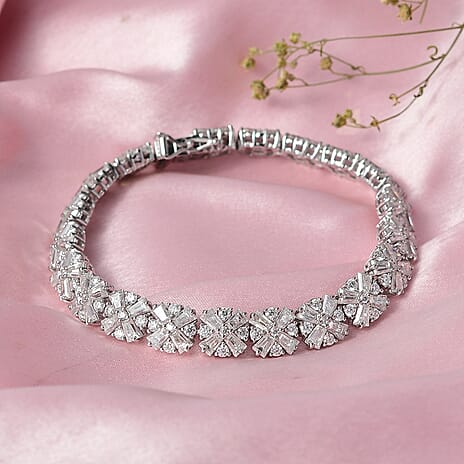 D'Joy Moissanite Cluster Bracelet (Size 7.5) with GB Lock Box in Rhodium Overlay Sterling Silver 20.36 Ct, Silver Wt. 18.10 Gms.