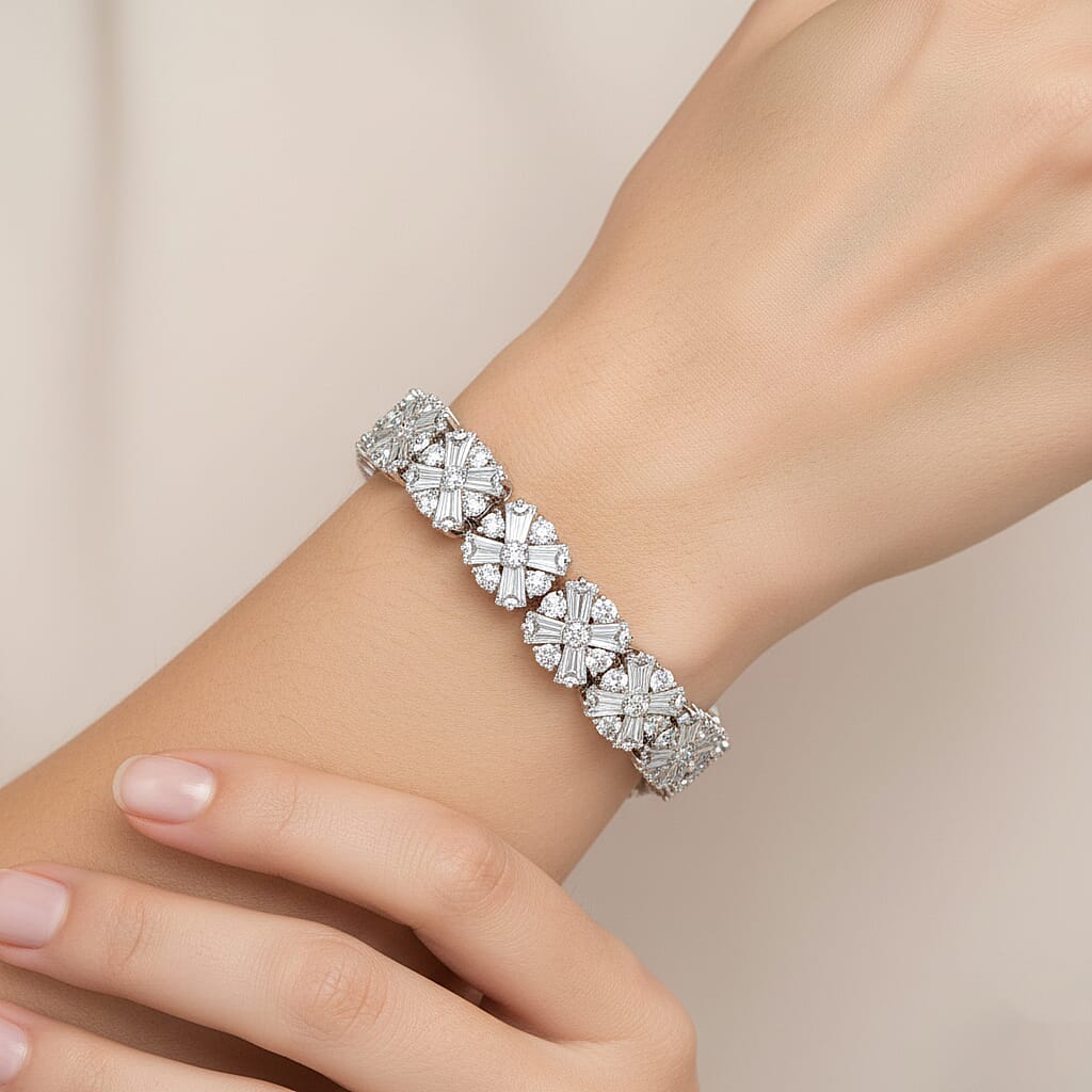 D'Joy Moissanite Cluster Bracelet (Size 7.5) with GB Lock Box in Rhodium Overlay Sterling Silver 20.36 Ct, Silver Wt. 18.10 Gms.