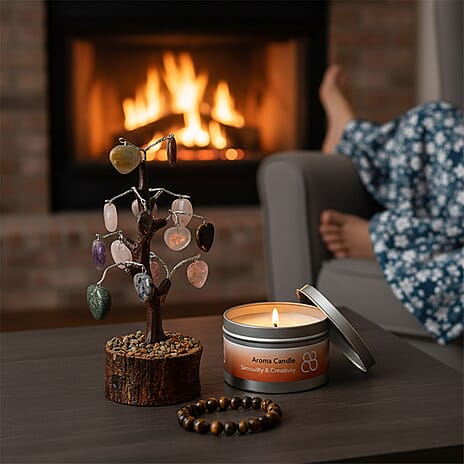 THE HANDMADE LUXURY - Bliss - Beyond Set of 3 Tiger Eye Gemstone Gifting Set - 20cm Heart Tree, Soya Wax Candle - 8mm Bracelet - Brown