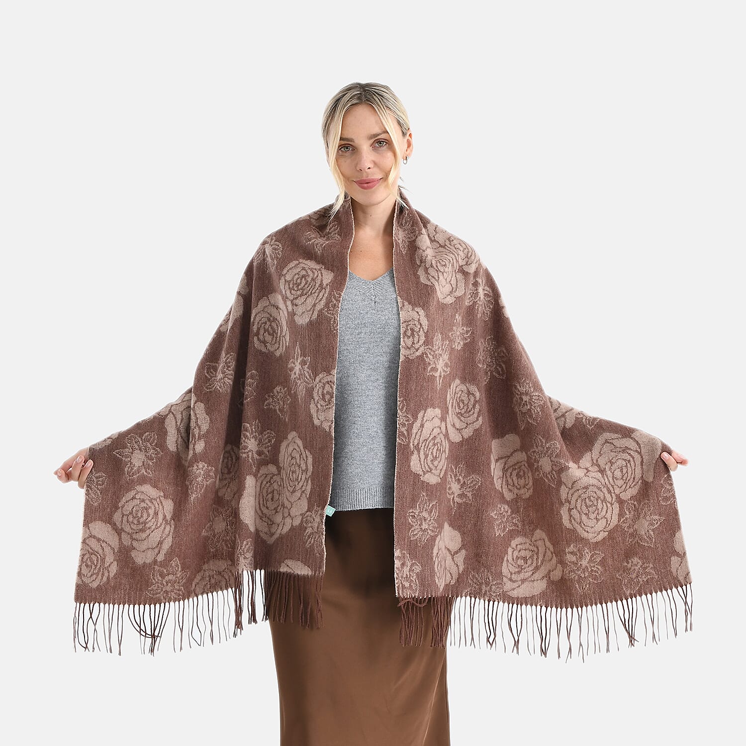 LA MAREY 100% Merino Wool Abstract Print Scarf with Tassel (180 x 70 cm) - Brown
