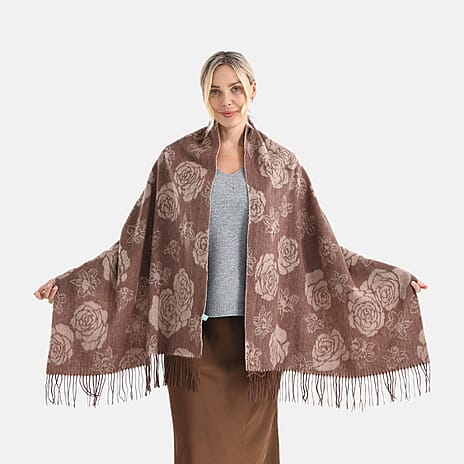 LA MAREY 100% Merino Wool Abstract Print Scarf with Tassel (180 x 70 cm) - Brown