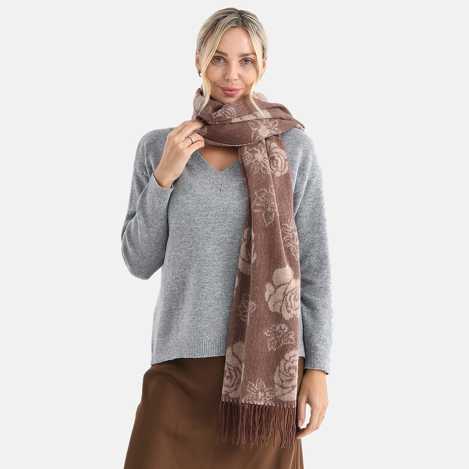 LA MAREY 100% Merino Wool Abstract Print Scarf with Tassel (180 x 70 cm) - Brown