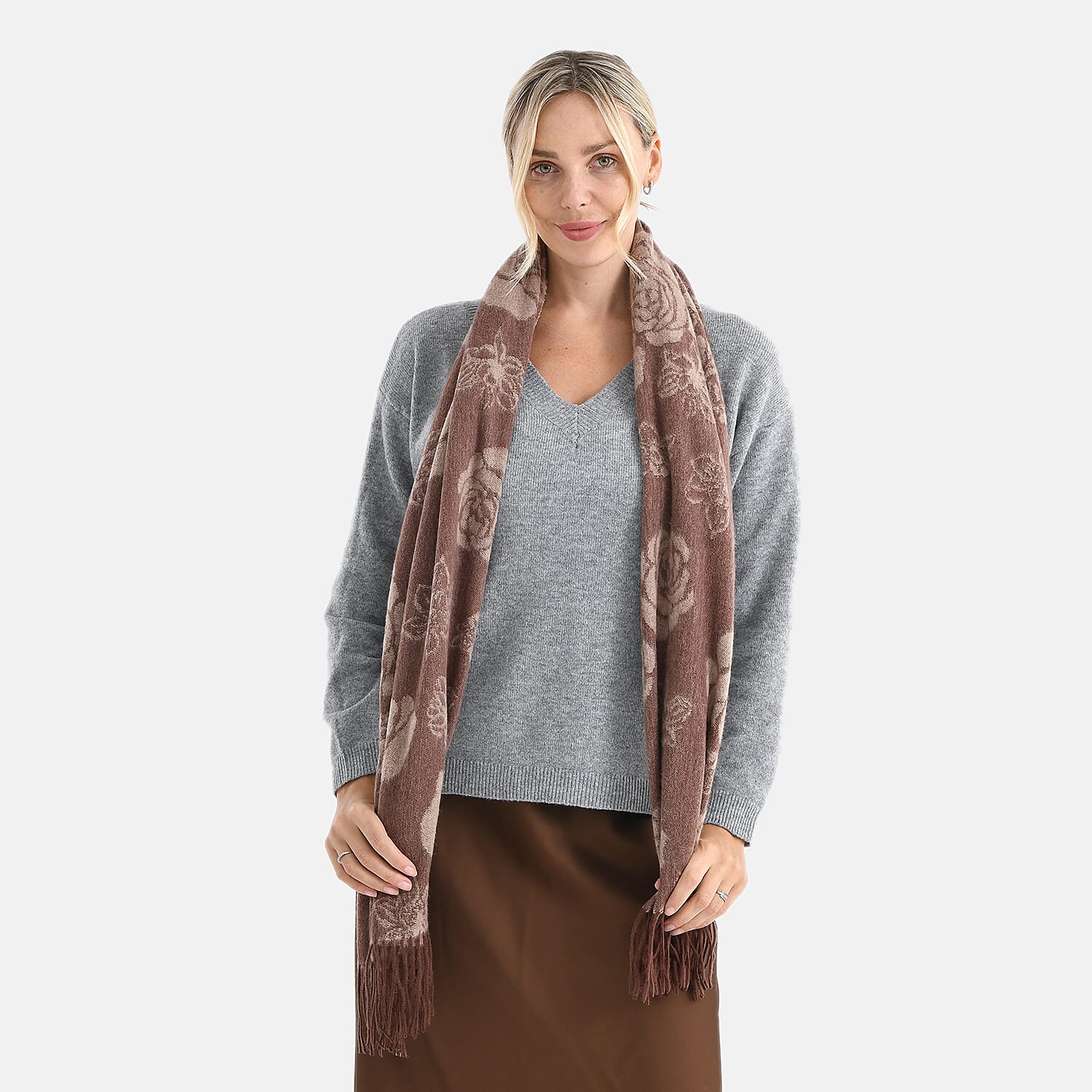 LA MAREY 100% Merino Wool Abstract Print Scarf with Tassel (180 x 70 cm) - Brown