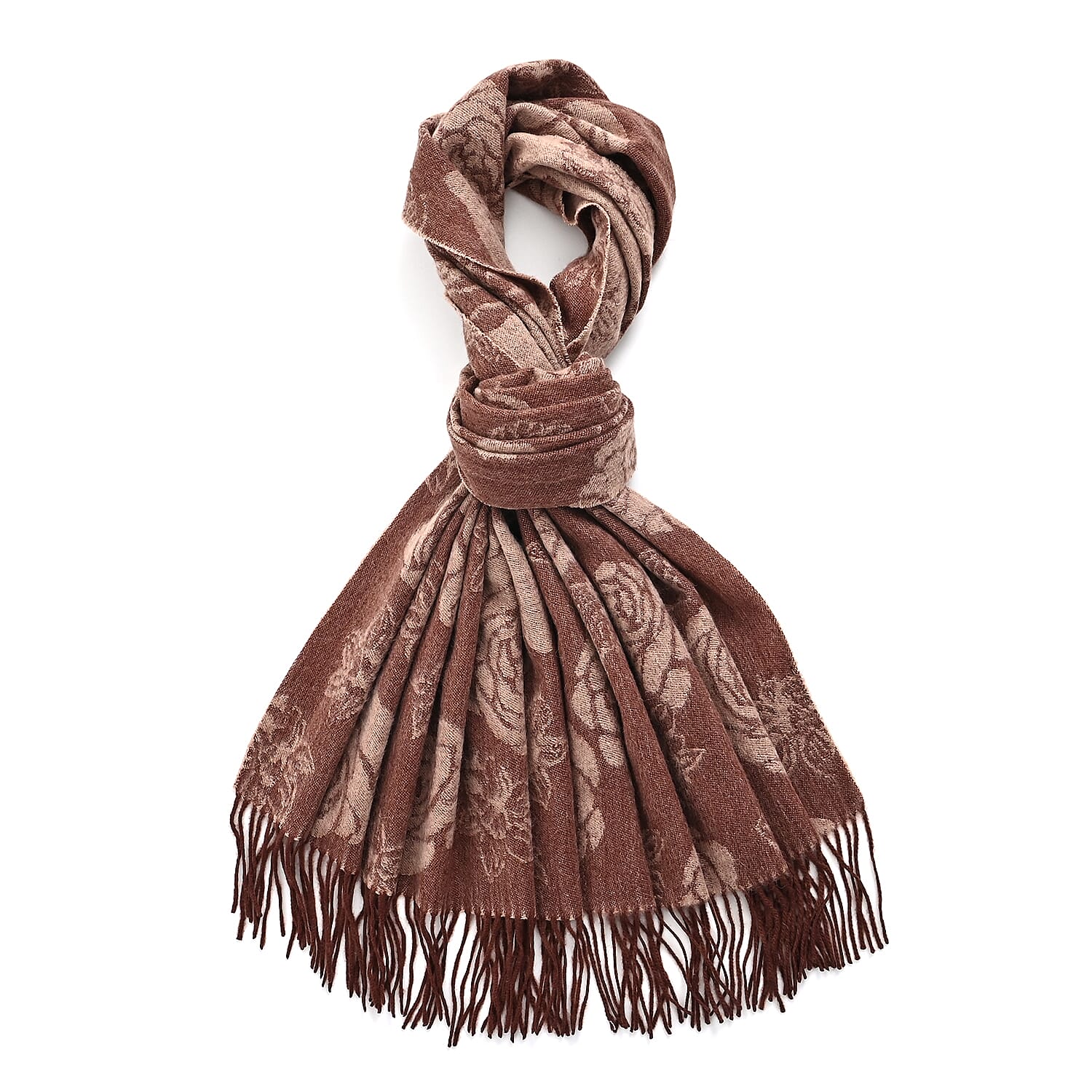 LA MAREY 100% Merino Wool Abstract Print Scarf with Tassel (180 x 70 cm) - Brown