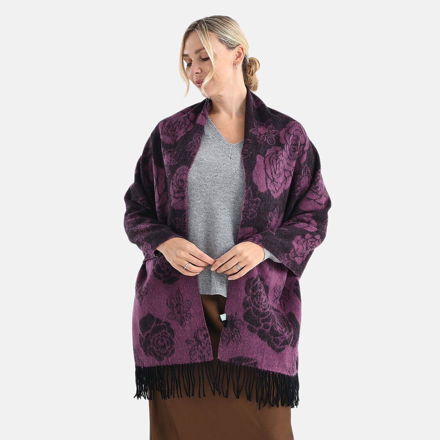 LA MAREY 100% Merino Wool Abstract Print Scarf with Tassel (180 x 70 cm) - Pink