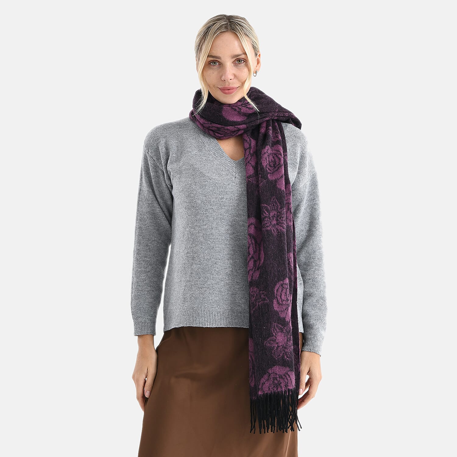 LA MAREY 100% Merino Wool Abstract Print Scarf with Tassel (180 x 70 cm) - Pink