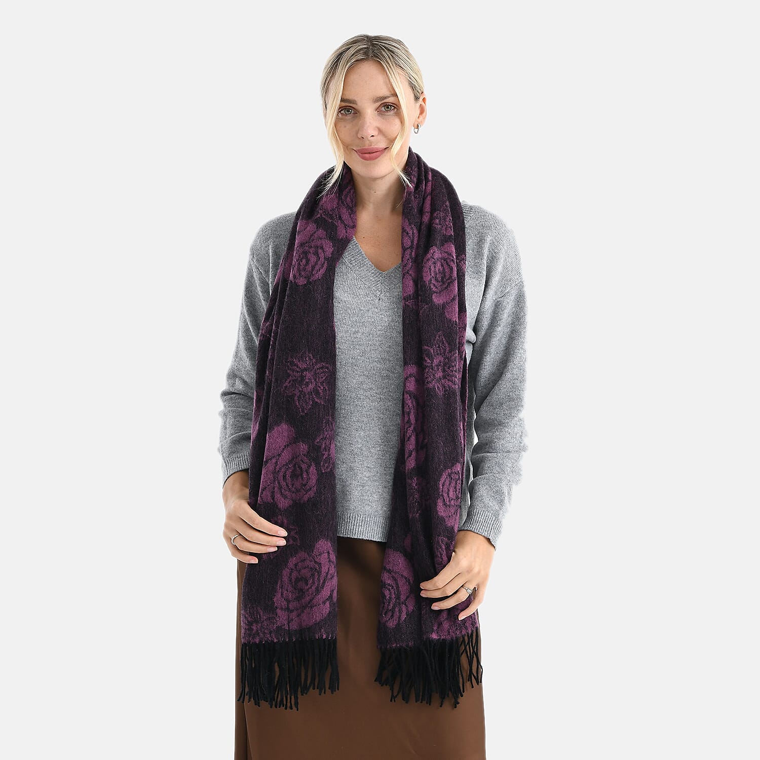 LA MAREY 100% Merino Wool Abstract Print Scarf with Tassel (180 x 70 cm) - Pink